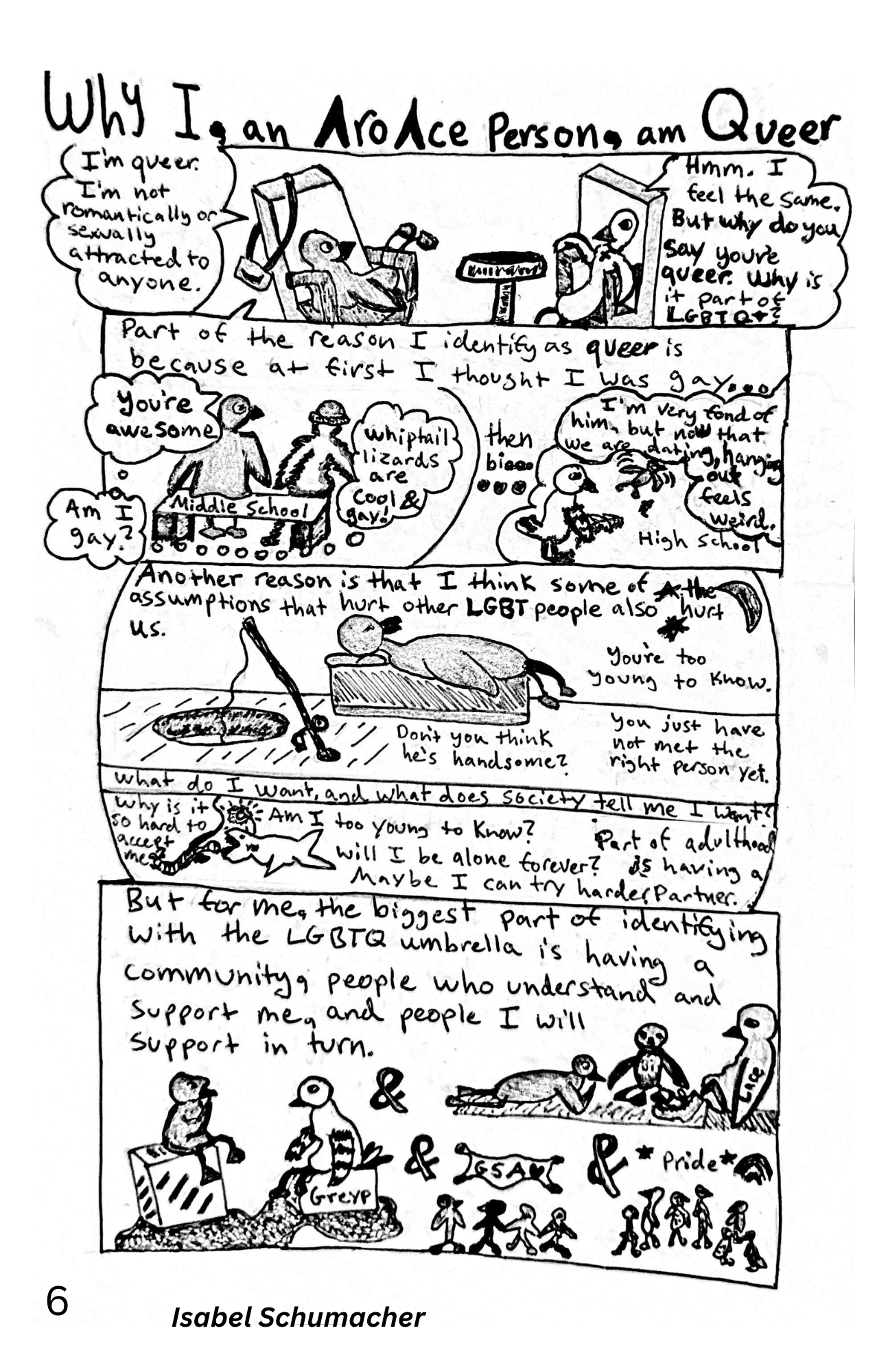A comic, credited to Isabel Schumacher:

Why I, an AroAce Person, am Queer

Frame 1:
Two cartoon birds have a conversation at a table.
Bird 1 says: "I'm queer. I'm not romantically or sexually attracted to anyone."
Bird 2 says: "Hmm. I feel the same. But why do you say you're queer. Why is it part of LGBTQ?"

Frame 2:
"Part of the reason I identify as queer is because at first I thought I was gay... then bi..."
In middle school, Bird 1 says "You're awesome." to another bird sitting on a bench in middle school, then thinks, "Am I gay? Whiptail lizards are cool and gay!"
In high school, Bird 1 thinks, "I'm very fond of him, but now that we're dating, hanging out feels weird."

Frame 3:
"Another reason is that I think some of the assumptions that hurt other LGBT people also hurt us."
Bird 1 lies down with a fishing pole by a hole, surrounded by text: "You're too young to know." "Don't you think he's handsome?" "You just have not met the right person yet."
Further down the fishing hole, a fish bites, with more text: "What do I want and what does society tell me I want?" "Why is it so hard to accept me?" "Am I too young to know?" "Will I be alone forever?" "Maybe I can try harder." "Part of adulthood is having a partner."

Frame 4:
"But for me, the biggest part of identifying with the LGBTQ umbrella is having a community, people who understand and support me, and people I will support in turn."
Below that text, various scenes of Bird 1 hanging out with other birds in various events such as a GSA and Pride.